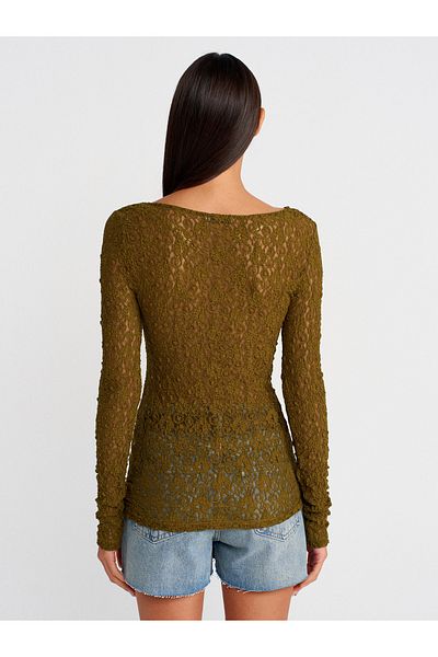 Dilvin 31312 Boat Neck Lace Top-Dark Green