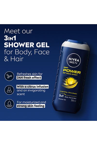 NIVEA MEN Power Fresh Shower Gel 3in1, Body Wash Menthol & Mint Scent, 250ml