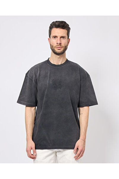 HUGO Men's Crew Neck Short Sleeve Hugo Text Detail Regular Fit Black T-Shirt 50535302-001