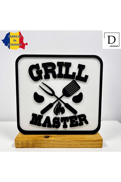 OEM "Grill Master" decoration with natural wood base, 17cm, white / black, 3D printed