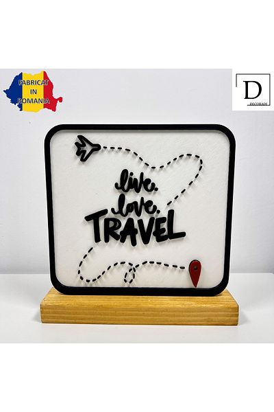 OEM "Live, Love, Travel" decoration with natural wood base, 17 cm, white / black, 3D printed