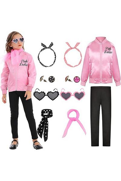 Miulruma 50s Pink Lady costume for girls party with accessories, 9-10 years, Miulruma