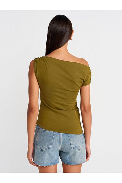 Dilvin 31885 Asymmetrical Gathered Top-Dark Green