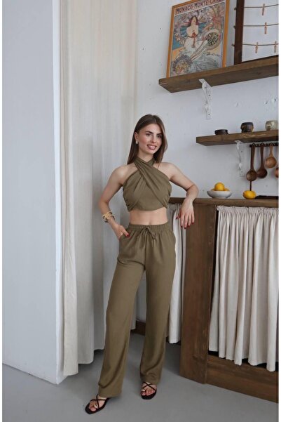 Ekim Store Boyundan Bağlamalı Keten Bluz Pantolon İkili Takım