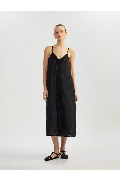Koton Cotton Wide Cut Tassel Pocket Thin Strap Midi Length Dress