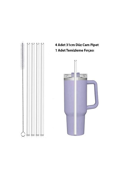 CAMGEN 4 Pieces Glass Straw + 1 Piece Brush 10 mm Diameter 310 mm Length Thermoses Compatible