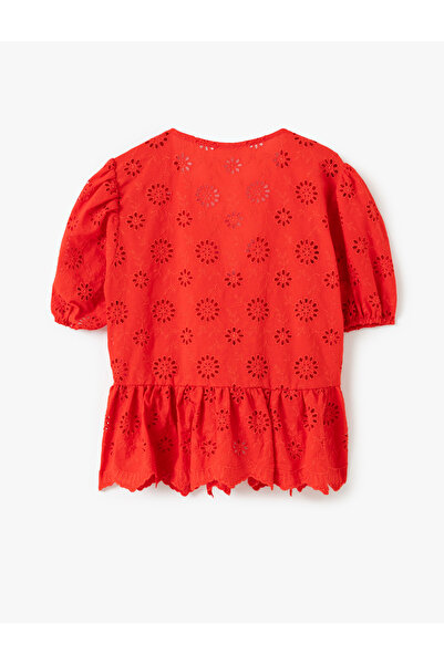 Koton V Yaka Kısa Kol Balon Kollu Bağcıklı Fisto Bluz