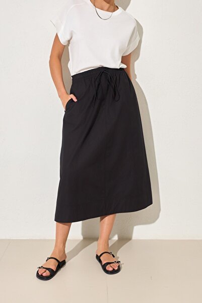 Setre Fusta neagră bumbac 100% confortabilă, lungime midi, cu talie elastică croială