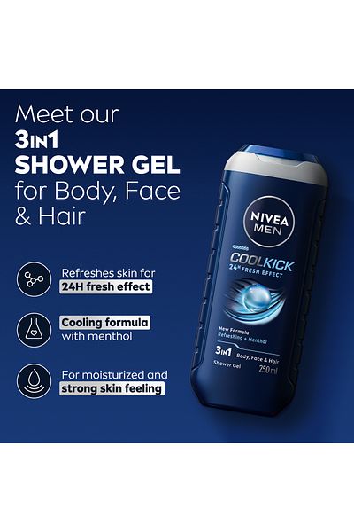 NIVEA MEN Cool Kick Shower Gel 3in1, Body Wash Menthol & Masculine Scent, 250ml, Pack of 3