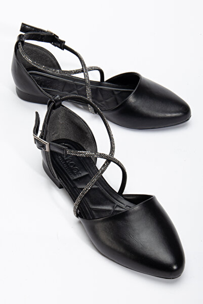 Tonny Black Women's Black Cross Stone Rope Detailed Ankle Strap Ballerinas