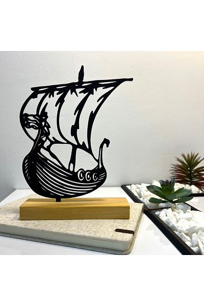 OEM "Ship" decoration with natural wood base, 20 cm, black, 3D printed