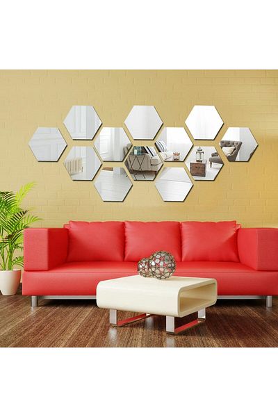 OEM Set de 12 autocolante de perete cu oglinzi hexagonale, 15,5 x 17,5 cm