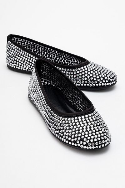 LuviShoes Runway Black Mesh Stone Women's Ballerina Shoes