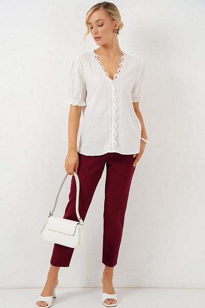 İpeksi Silky V-Neck Ruched Blouse 956 - White