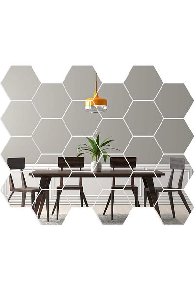 OEM Set de 24 de oglinzi acrilice autoadezive, model hexagonal, argintii, 18,5x16x9,3 cm