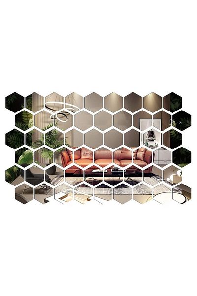 OEM Set de 64 de oglinzi decorative acrilice autoadezive, model hexagonal, dimensiune 18,5 cm x 16 cm