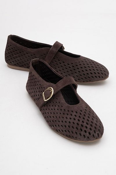LuviShoes Ari̇an Brown Suede Genuine Leather Perforated Women's Ballerina Shoes