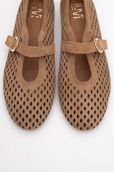LuviShoes Ari̇an Earth Suede Genuine Leather Perforated Women's Ballerina Shoes