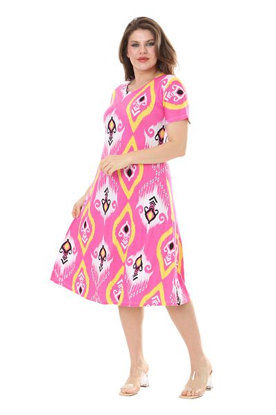 MELSAY Women's Short Sleeve Pink Motif Patterned A-Line Plus Size Dress