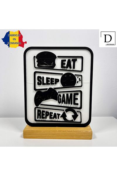 OEM "Eat, Sleep, Game, Repeat" decoration with natural wood base, 18 cm, white / black, 3D printed