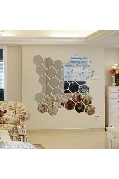 OEM Set de oglinzi decorative acrilice cu design hexagonal, argintii, mărime XL - MyStyle® Luxury Home, 6 piese