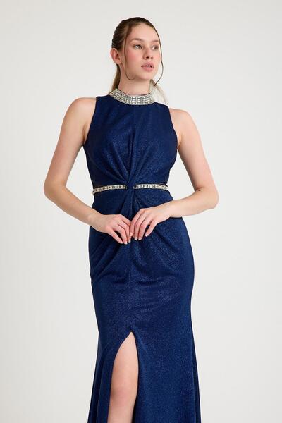 SpringStore Navy Blue Judge Collar Waist and Collar Stone Evening Dress