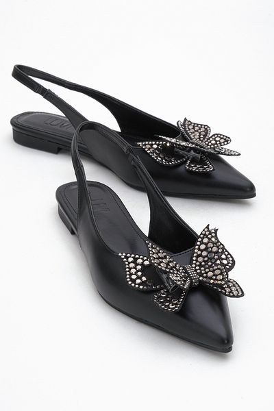 LuviShoes Oriol Black Skin Butterfly Stone Pointed Toe Open Back Women's Ballerina Shoes