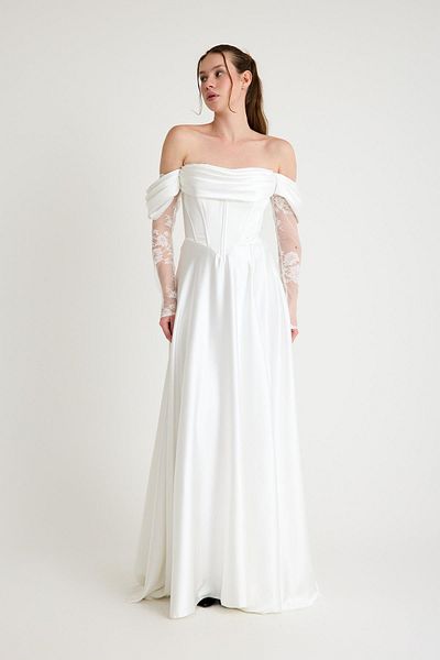 SpringStore White Sleeve Lace Satin Evening Dress