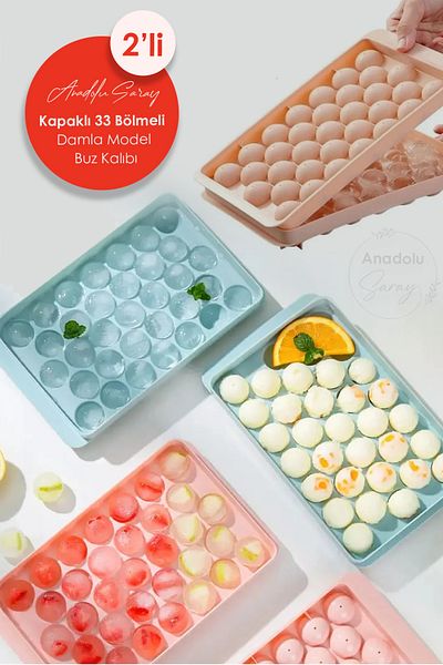 Anadolu Saray 2 Pcs Practical Covered 33 Compartment Drop Ice Mold |   Large Size Ice Mold with Lid Drop Model