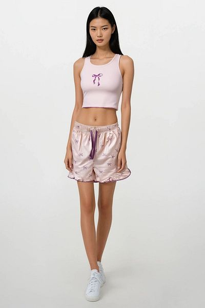 Ecrou Set de pijamale pentru femei, cu model de fundă liliac