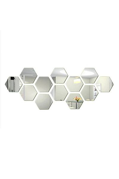 OEM Set de 12 oglinzi din sticlă acrilică, model hexagonal, 100 x 85 x 50 mm, argintii