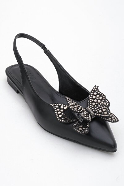 LuviShoes Oriol Black Skin Butterfly Stone Pointed Toe Open Back Women's Ballerina Shoes