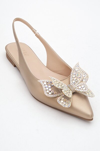 LuviShoes Oriol Gold Skin Butterfly Stone Pointed Toe Open Back Women's Ballerina Shoes