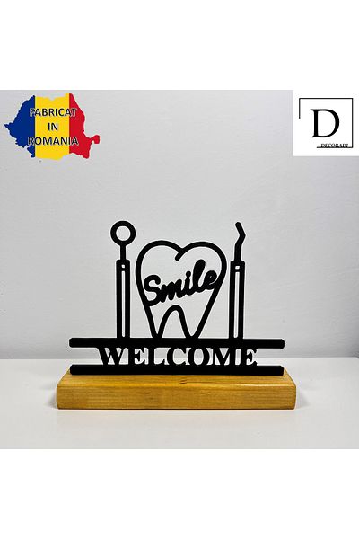OEM "Welcome Smile" decoration with natural wood base, 13 cm, black, 3D printed