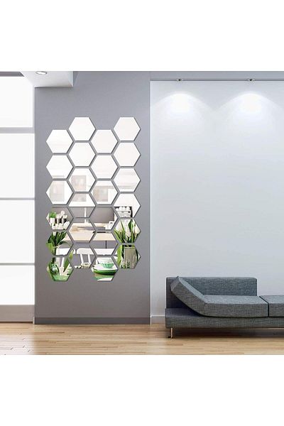 OEM Set de 24 de oglinzi acrilice autoadezive, model hexagonal, argintii, 18,5x16x9,3 cm