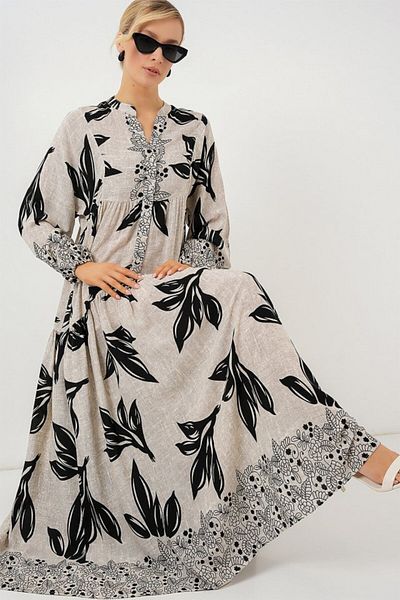 modaserdem 2423 Authentic Patterned Hijab Dress - F.Grey