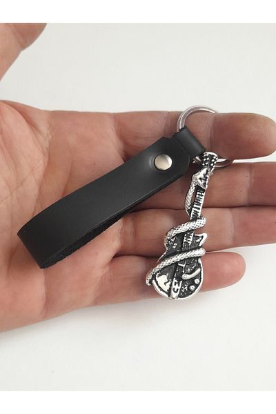 AB Takı Guitar Snake Symbol Fashion Black Real Leather Keychain