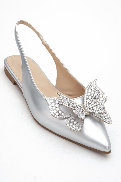 LuviShoes Oriol Silver Skin Butterfly Stone Pointed Toe Open Back Women's Ballerina Shoes