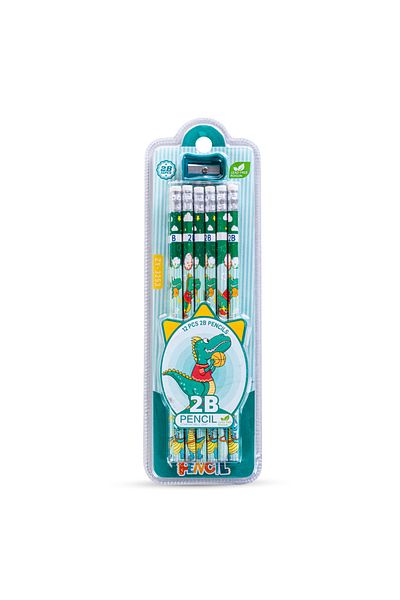 Eazy Kids 12 - Pack 2B Pencils w/ Eraser Includes Sharpener - Green