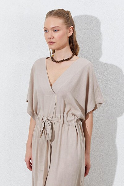 TENA Γυναικείο Μακρύ Φόρεμα Σκούρο Μπεζ Χαμηλό Μανίκι Μέση Τούνελ Ζώνη Λινό