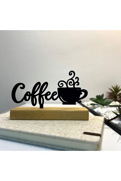OEM "Coffee Cup" decoration with natural wooden base, 9 cm, black, 3D printed