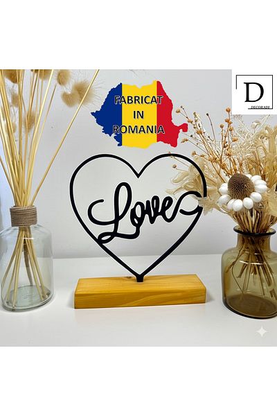 OEM "Love" decoration with natural wood base, 15 cm, black, 3D printed