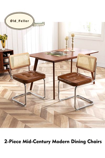 Old_Feller 2-piece Vintage Rattan Dining Chairs: Mid-century Faux Leather Upholstered, Cane Back & Chrome Legs