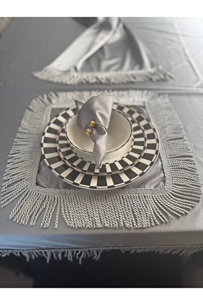 AYDINDOKUMA Emerald Fabric American Service Supla Presentation 6 Pieces Fabric Tassel Napkin Set Tassel Fringed Gray Silver