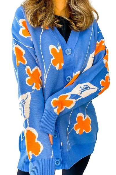 Papin - Cardigan, imprimeu floral, închidere cu nasturi, mărime universală M-L-XL, Albastru