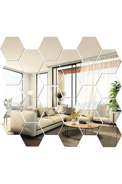 OEM Set de 24 de oglinzi acrilice autoadezive, model hexagonal, 12,5x11x6,4 cm, argintii