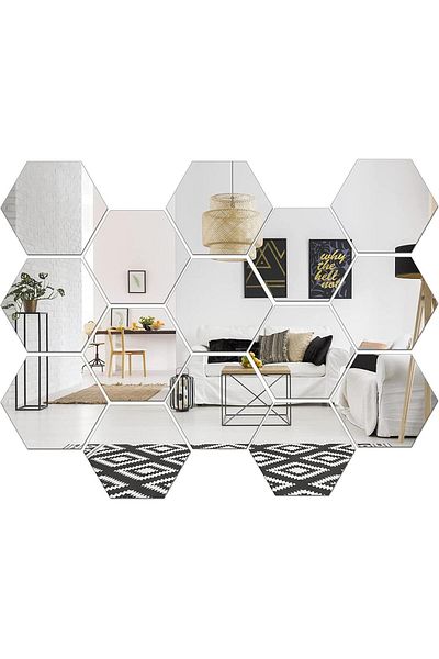 OEM Set de 15 oglinzi acrilice autoadezive Luxer, model hexagonal, 18,5x16x9,3 cm, argintii