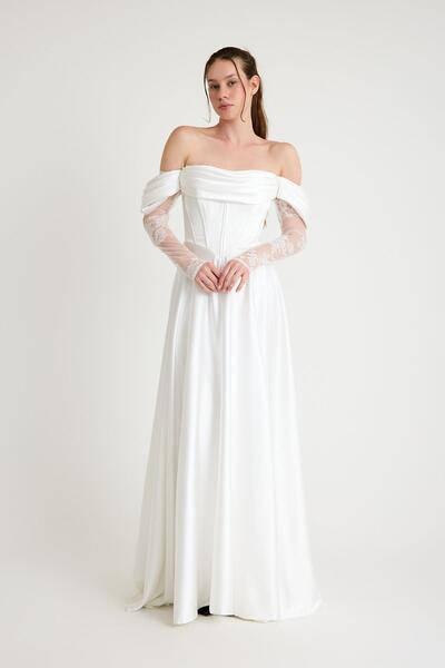SpringStore White Sleeve Lace Satin Evening Dress