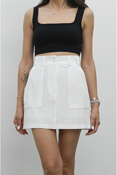 Havoş Ecru Wide Pocket Linen Shorts Skirt