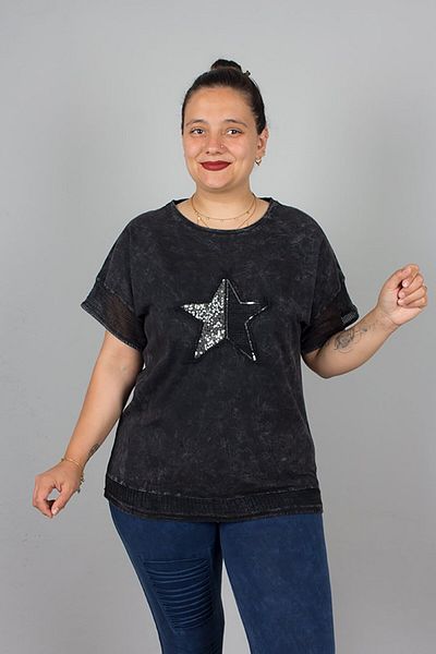 Truva XXL Plus Size Star Sequin Embroidered Washable Black Cotton Blouse – Sparkling and Comfortable Design